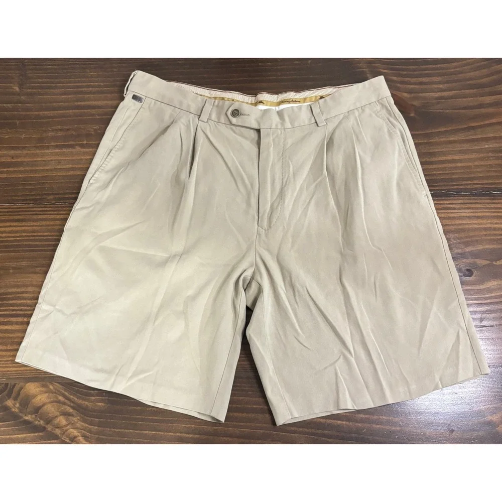 TOMMY BAHAMA Silk Cotton Shorts Mens 36 Khaki Pleated Chino Relaxed